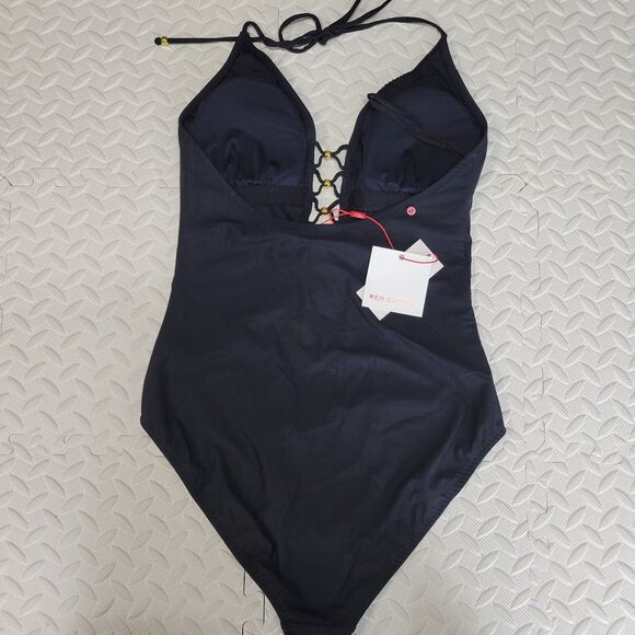 Red Carter Swimsuit Size 8 Medium Black One Piece Plunging Halter Neck Gold NWT - Picture 4 of 9